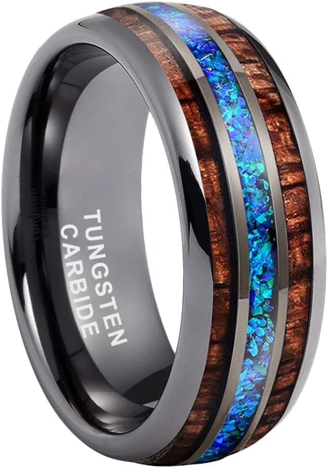 TUTISS 8mm Silver/Black/Gunmetal/Rose Gold Tungsten Rings for Men Women Engagement Wedding Bands Koa Wood Blue Opal Inlay Domed I Love You Engraved Comfort Fit