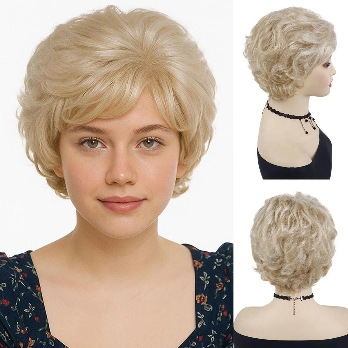 GNIMEGIL Golden Blonde Curly Wig Natural Short Curls Hair for Women Pixie Cuts Wigs with Bangs Synthetic Layered Wigs Girls Cosplay Wig
