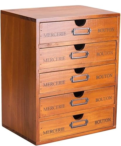 Organizador de escritorio de 5 cajones, caja de almacenamiento de madera vintage con 5 cajones de almacenamiento anchos, cajón de estante rústico,