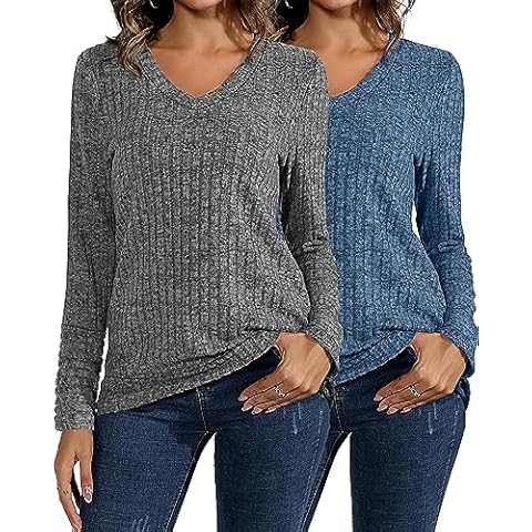 Ficerd 2 Pack Women V Neck Sweaters Long Sleeve Tunic Tops Lightweight Solid Color Casual Tunics Shirts(Large,Dark Gray, Navy Blue) Cover