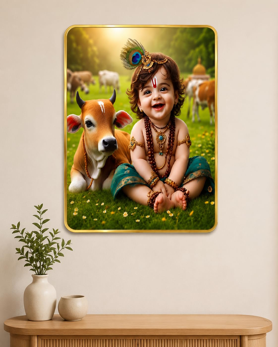 BerryBox Bal Krishna with Cow Wall Painting 11 x 17 Inch | Premium Golden Border Lord Krishna Wall Art Frame for Living Room, Bedroom & Office | Spiritual Home Décor for Peace, Positivity & Vastu Decoration-image-9