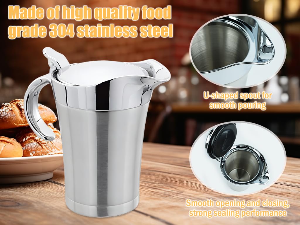 Edelstahl Thermo Sauciere,750ml Soßenschüssel,Thermo-Sauciere mit Deckel,Soßenkanne aus doppelwandigem Edelstahl,Eleganter Silberner Saucenkrug für Soße Sahne Sauce Senf Mayonnaise