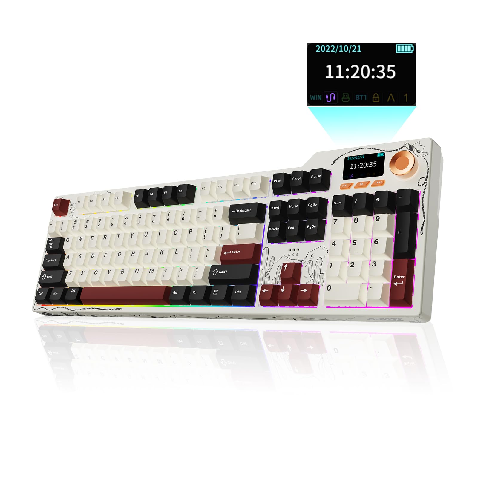 Ajazz AK35I V4 Customizable Wireless Gaming Mechanical Keyboard, Wired/Wireless 2.4G/BT, Gasket Structure, 10000mAh Battery, Full-Color RGB, 1.14-inch Color Screen, Knob, Multi-Function Keys.