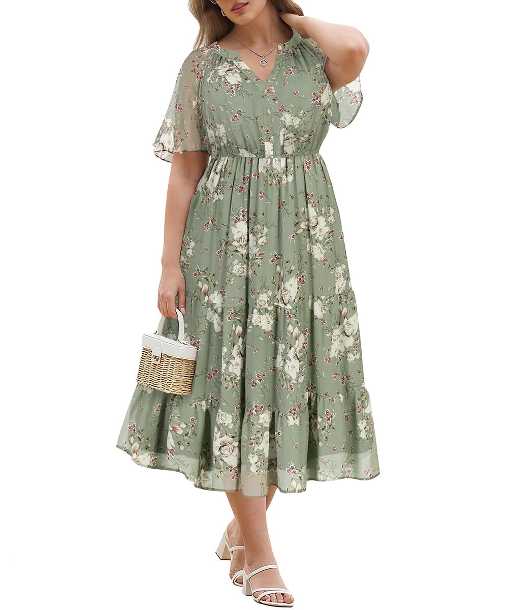 RITERA Plus Size Chiffon Floral Midi Dress