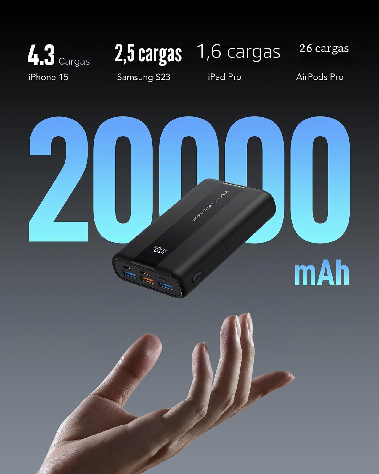 VRURC Power Bank, 22,5W Mini 20000mAh Bateria Externa Carga Rapida, USB C In/out Powerbank con 3 Entrada & 4 Salida, Fast Chagring Cargador Portatil Compatible con iPhone 17 16 15 Pro MAX/iPad/Xiaomi