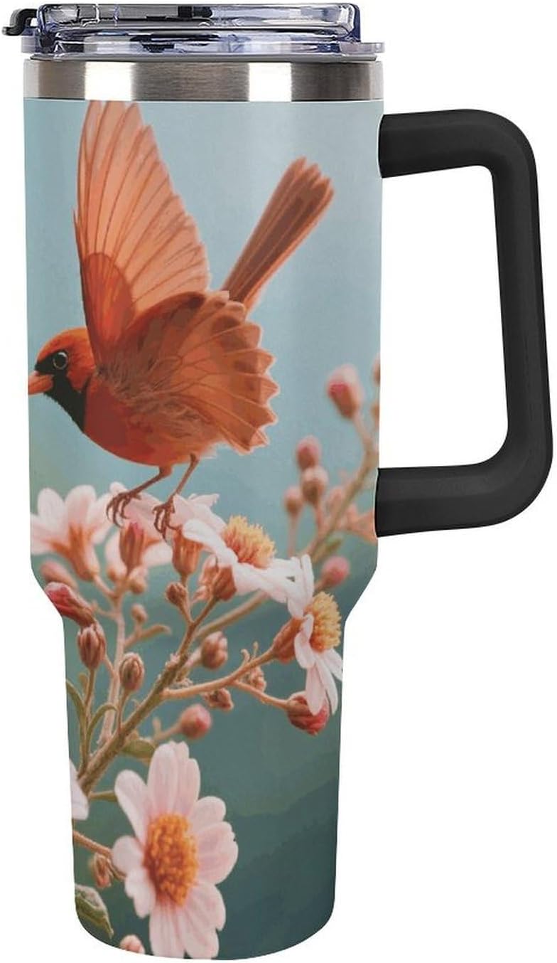 40 Oz Tumbler with Straw And Lid Red Bird Butterfly Flowers Insulated Travel Coffee Mug Stainless Steel Water Bottle Vacuum Insulated Tumblers for Sport Work Car Travel Weekends