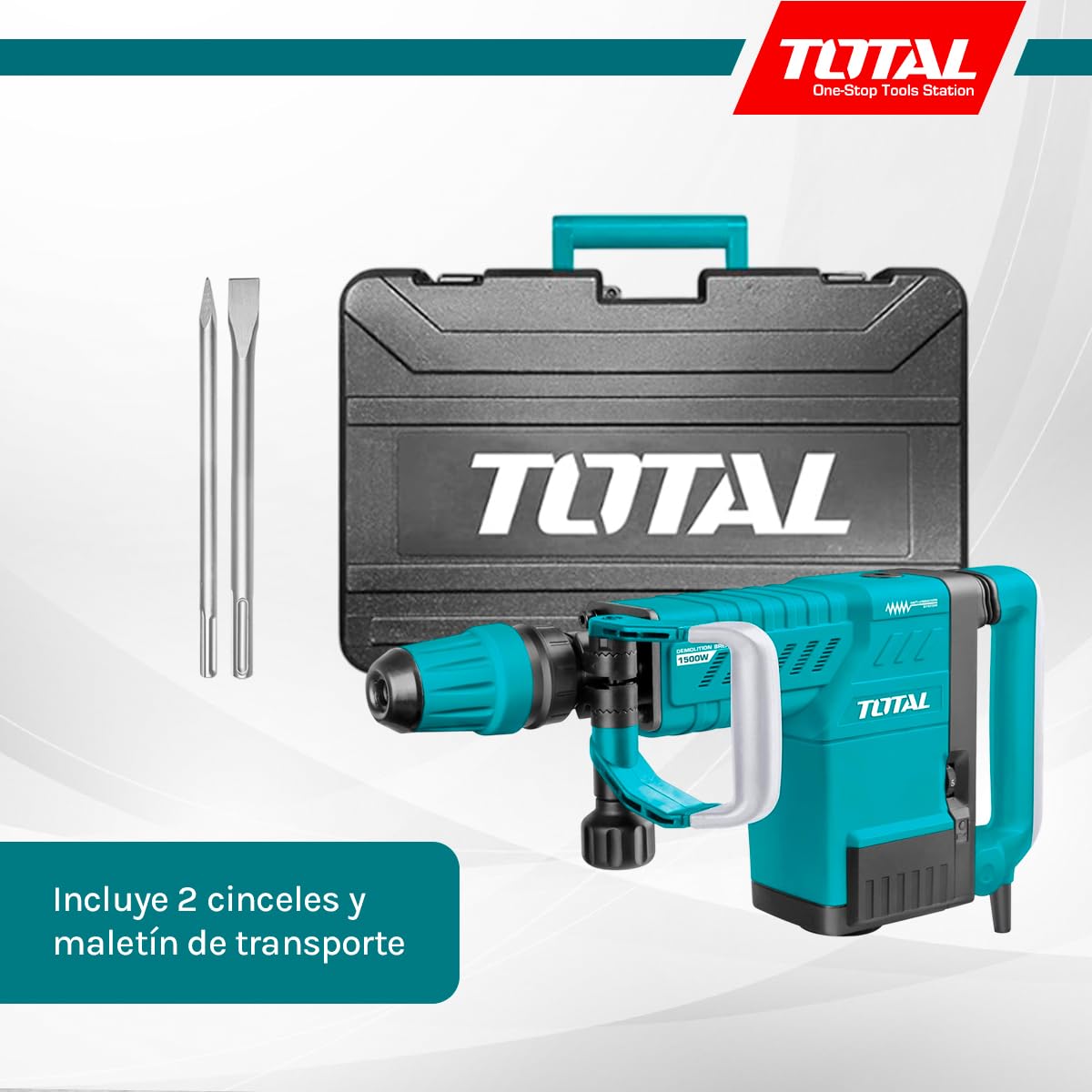 TOTAL - Martillo Picador Eléctrico - 1500W - 1900 Impactos/min - Sistema Antivibración y SDS max - Fuerza de 25 J de Impacto - Incluye 2 Cinceles y Maletín