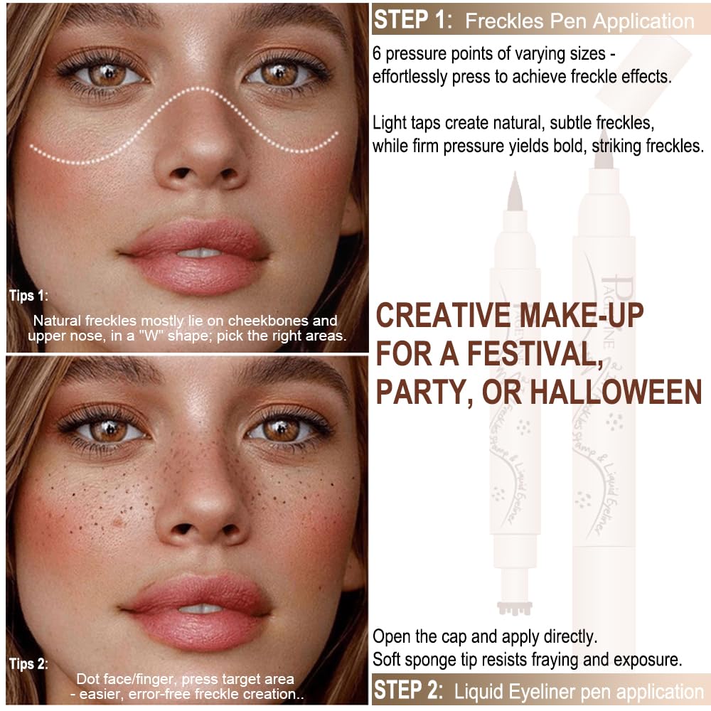 2 in 1 Freckle Maker e Eyeliner, Penna per Lentiggini Finte con 6 Punti Irregolari Naturali, Punta Spugna Antisfilamento, Waterproof e 24H, Ideale per Makeup Quotidiano e Festival - 3.0 Scuro