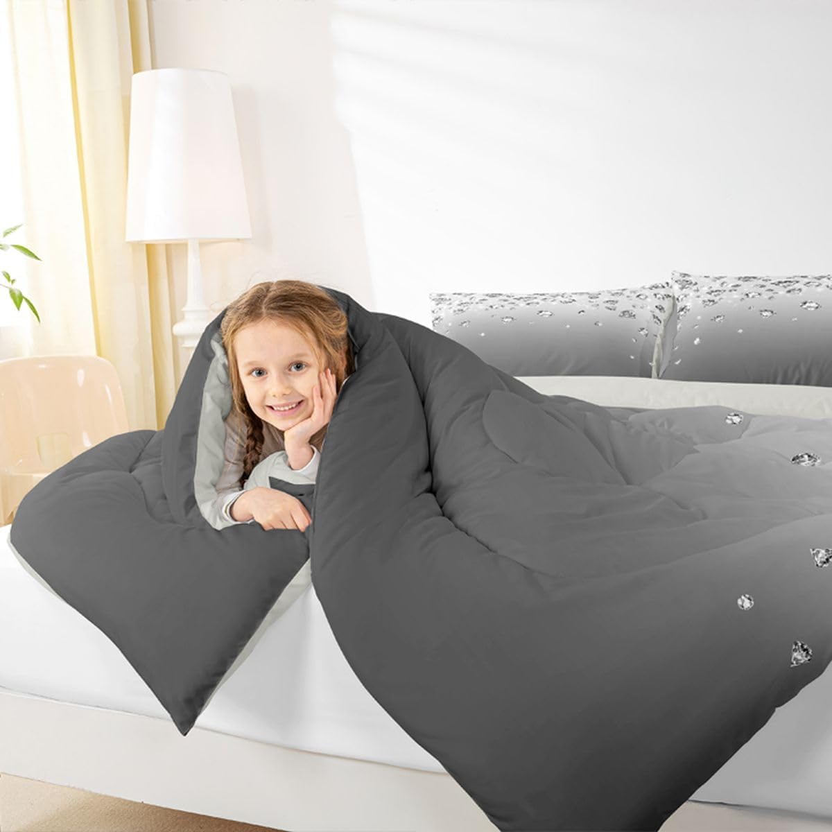 Erosebridal Gray Gradient Comforter Queen for Adult Women Men, Grey Ombre Bedding Set Modern Abstract Art Bedroom Decor Gift, Western Rustic Farmhouse Theme Duvet Insert Gradient Diamond Print Quilt