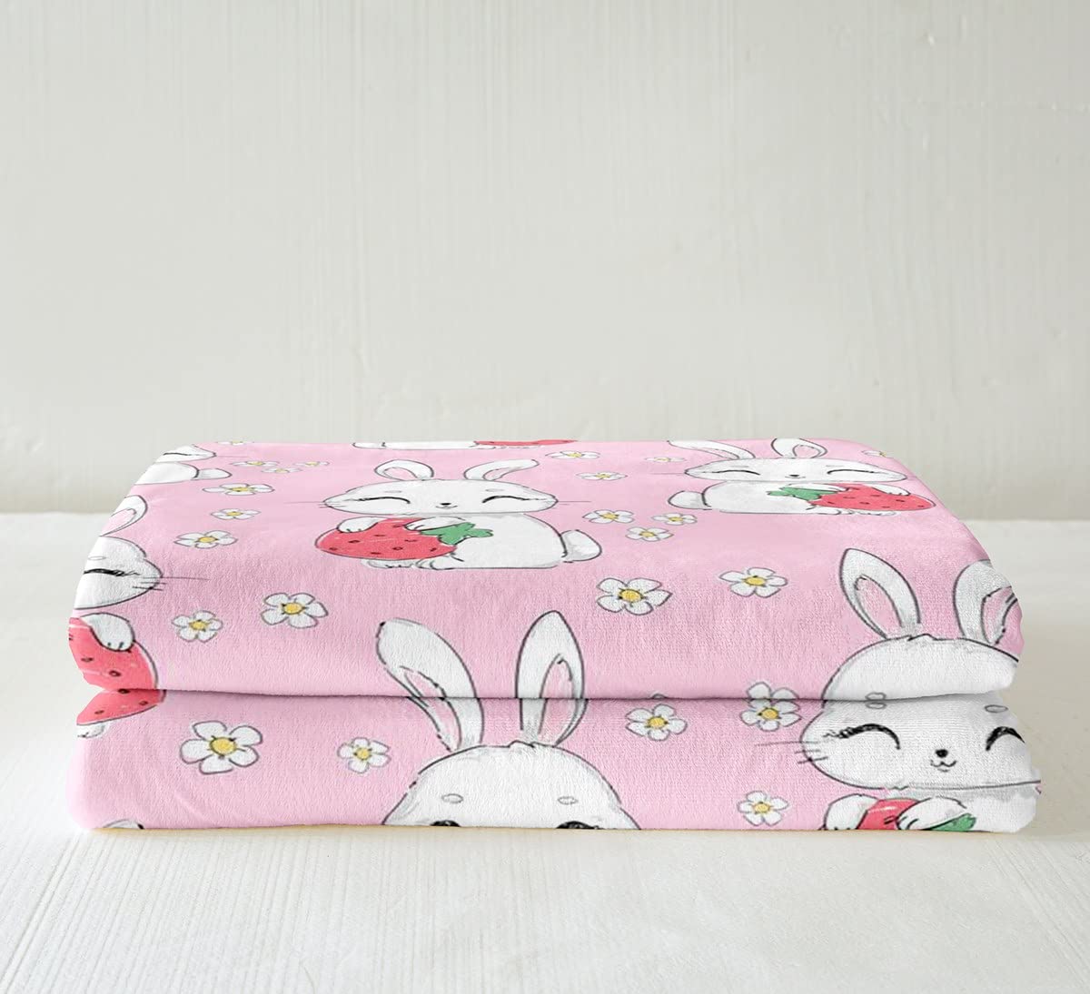 Coperta per bambini, motivo: coniglietti di fragola, per bambini, motivo: coniglietti di fragola, per ragazzi, ragazze e ragazze, motivo floreale, per divano letto, colore rosa, 200 x 201 cm