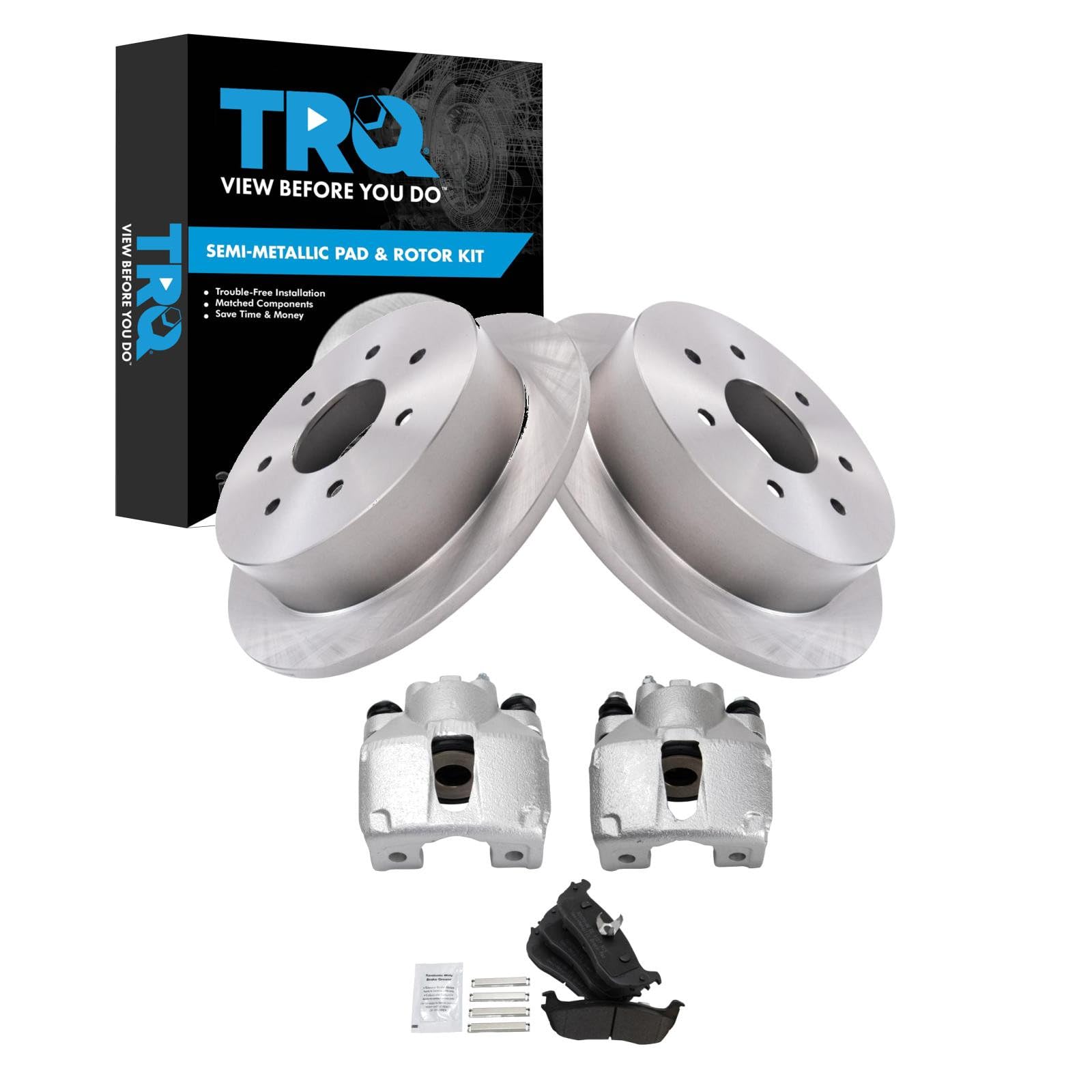 TRQ Rear Brake Pad and Rotor Set Semi Metallic Calipers Compatible with 2000-2003 Ford F-150 2004 F-150 Heritage 1997-1999 F-250