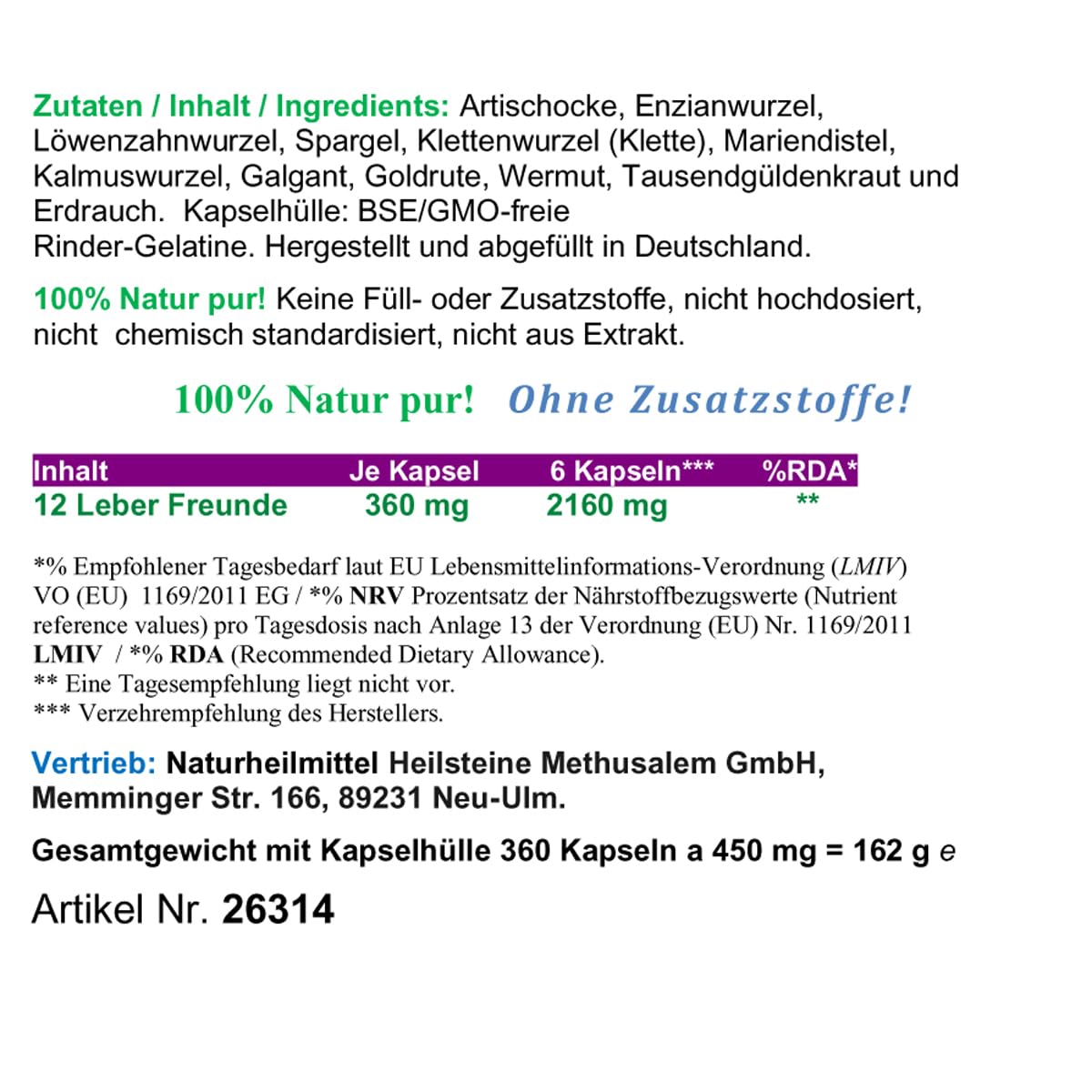 LEBER Vital Komplex 360 KAPSELN 12 Leberfreunde plus Leberkräuter Bitterkräuter Bitterstoffe MARIENDISTEL ARTISCHOCKE LÖWENZAHN WERMUT ENZIAN...100% NATUR pur. OHNE Zusatzstoffe 26314