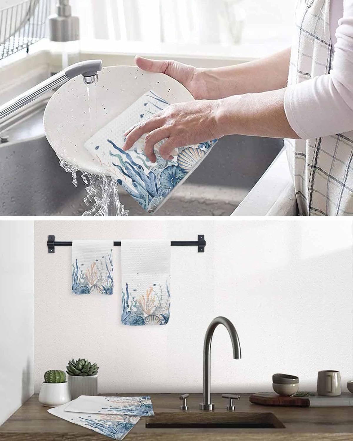 Ocean Seaweed Waffle Kitchen Hand Towels Set of 4,Super Absorbent & Quick Dry Hair Dish Bath Tea Golf Microfiber Soft Towel Cleaning Washcloth,Blue Tropical Fish Starfish Shell Sea Coral 15.7"x23.6"