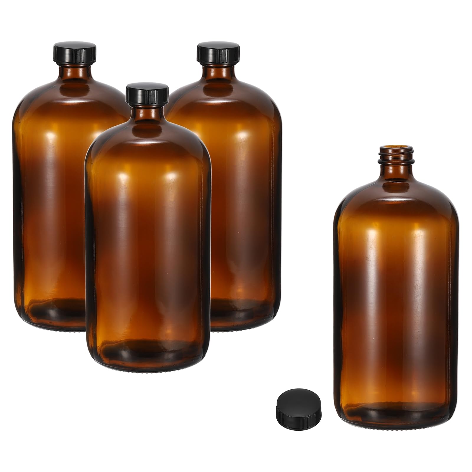 PATIKIL 32Oz(960ml) Frascos De Vidrio Para Muestras, 4Pcs Frascos Redondos Con Tapa Negra De Polietileno Para Líquidos Reactivos, Aceites Esenciales, Perfume, Ámbar