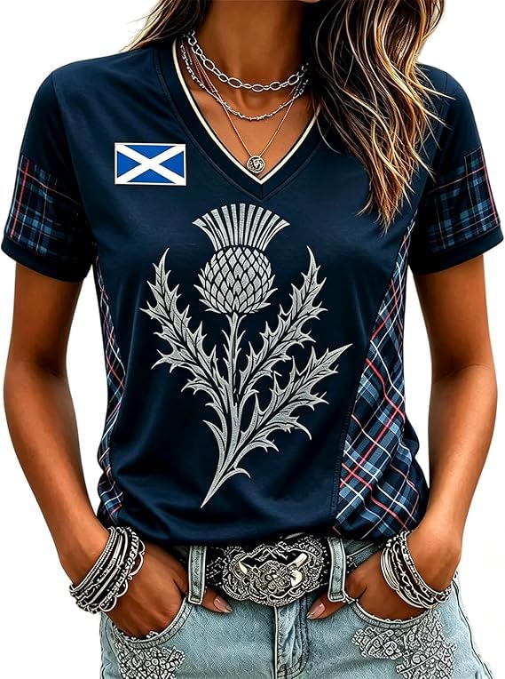 Scotland Fan Football Shirt Womens World Cup 2026 Short Sleeve Jersey Retro Graphic Printed V-Neck England Football Top Ladies Scotland T-Shirt Lightweight Fashion Summer Sports Clothing