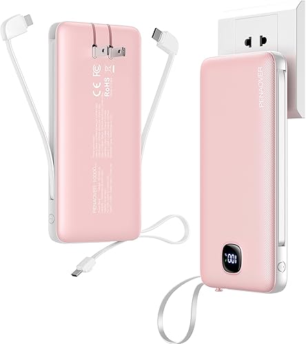 Miniatura 10 de Cargador portátil con cables integrados y enchufe de pared AC, batería externa de 10000 mAh delgada, carga rápida de 22.5 W, 5 salidas, 2 entradas