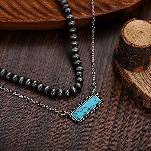 Navajo Pearl Necklace Western Jewelry for Women Turquoise Heart Bar Pendant Necklace Layered Boho Beaded Choker Necklace for Women2