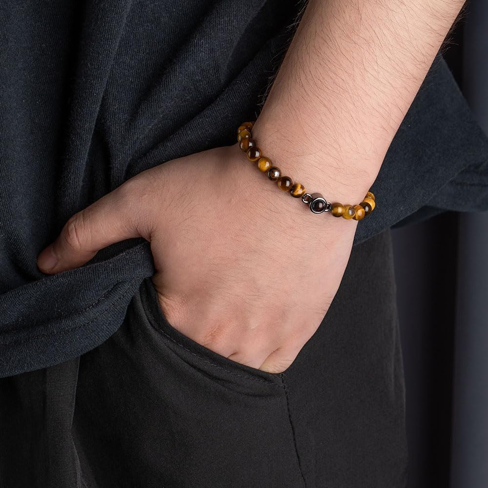 ipetlive Custom Beads Bracelet WIth Picture Inside Tiger eye/Onyx/Lava stone Picture Bracelet Personalized Photo Projection Family Pet Dog Cat Memorial Jewelry Birthday Father Day Gifts For Men Women