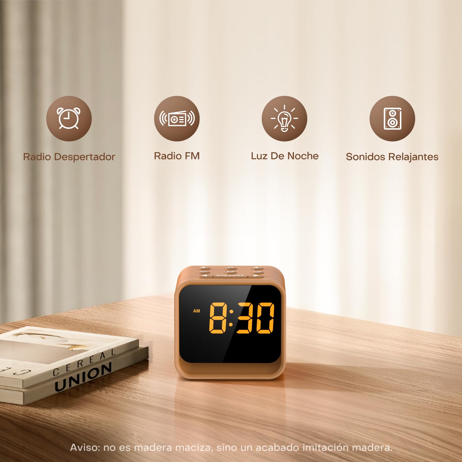 Reacher radio reloj despertador digital con FM, máquina de ruido blanco con 24 sonidos relajantes, 9 sonidos de alarma, brillo ajustable, luz nocturna de 7 colores, apagado automático y repetición
