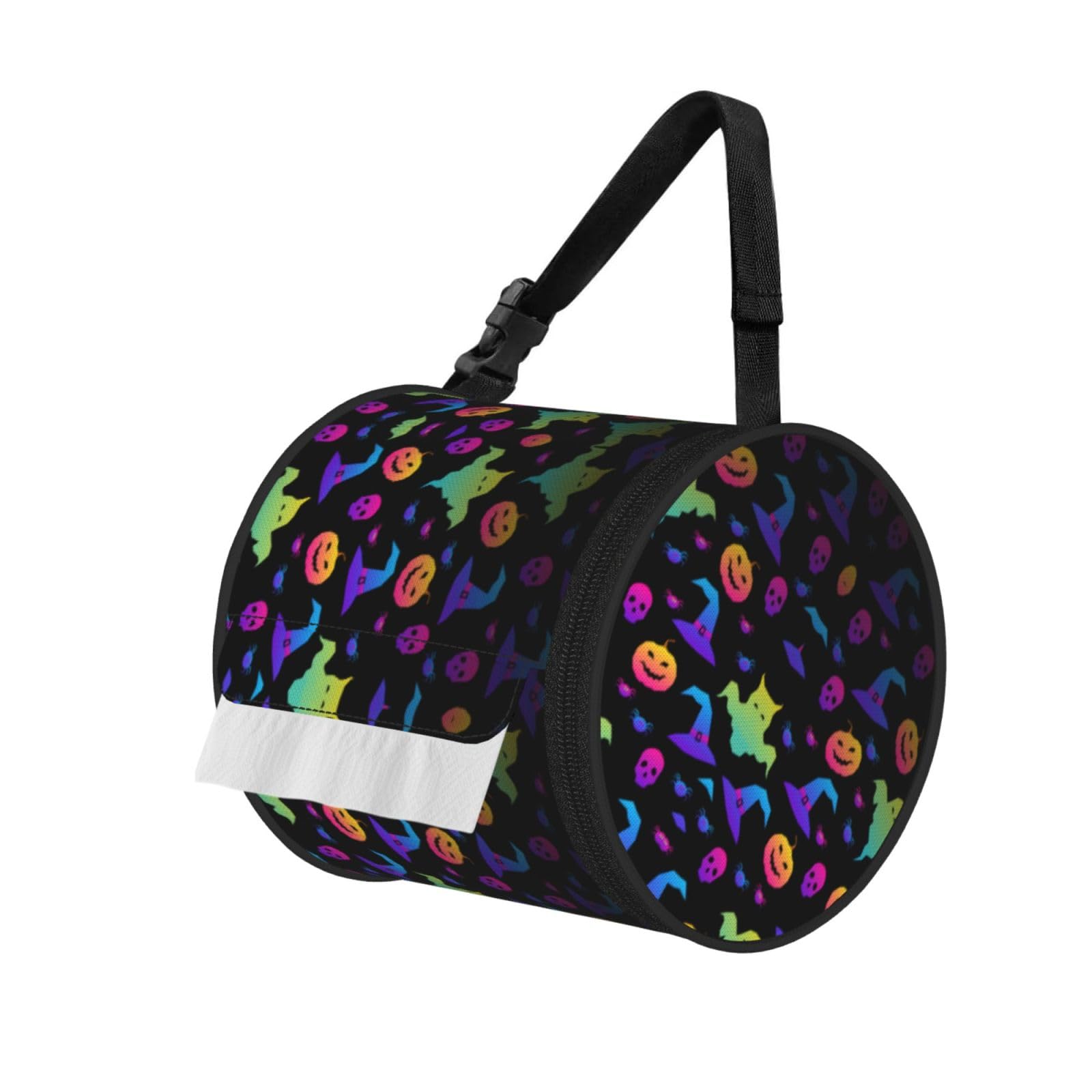 Rainbow Halloween Ghost Witch Hat Spiders Print Round Paper Tissue Holder With Shoulder Strap, Portable Roll Case For Caravan Travel Use