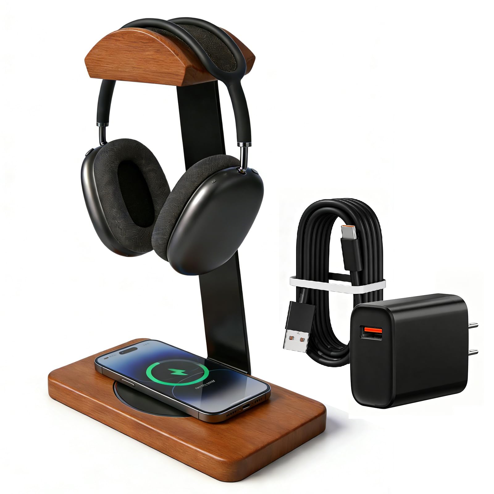 Solid Wooden Headphone Holder, Universal Headset Stand with Wireless Charger 15W Max Fast for Desk, Wireless Charger Headphone Holder for Gaming Desk Compatible with iphone Samsung (Black)-image-44