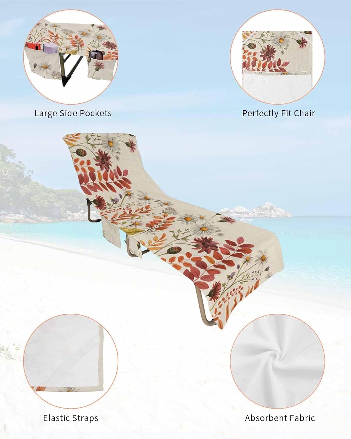 Fall Eucalyptus Leaf Beach Pool Patio Lounge Chaise Chair Cover Towel With Pockets,Absorbent & Quick Dry Microfiber Towel Cover Bag Summer Sunbathing Accessories Vintage Farmhouse Rustic Daisy Flower