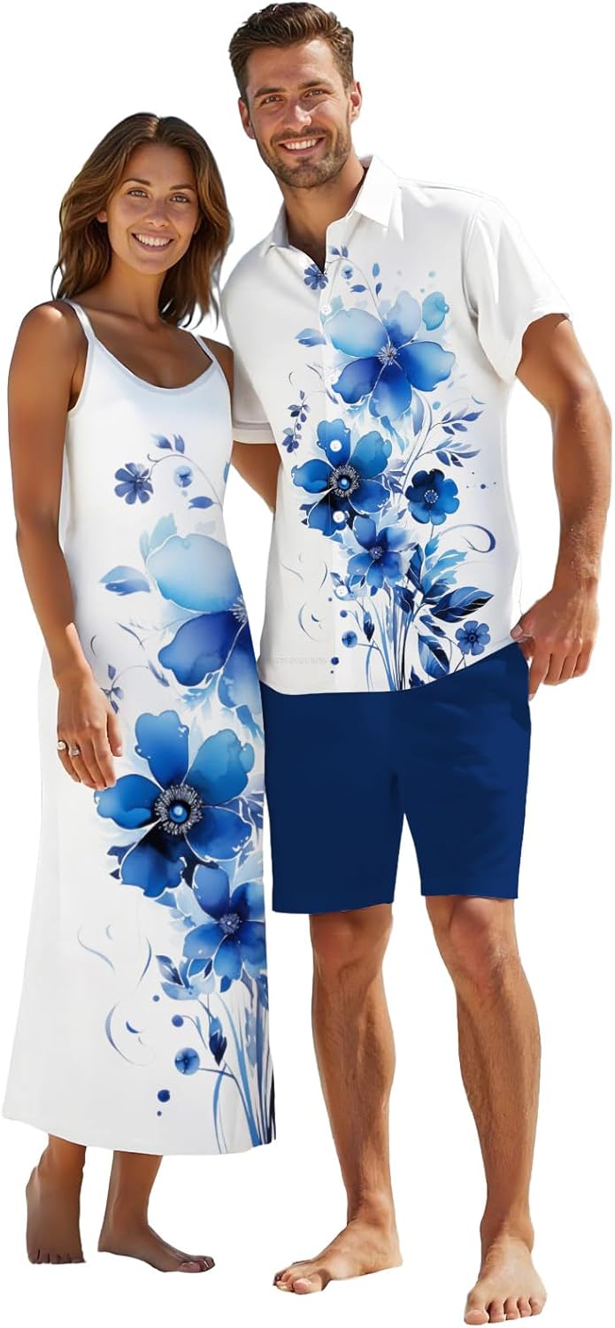 DRESSFO Couple Matching Hawaiian Outfits Watercolor Leaf Floral Print A Line Dress or Men's Short Sleeve Button Up Shirt
