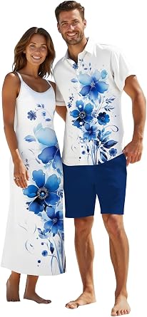 DRESSFO Couple Matching Hawaiian Outfits Watercolor Leaf Floral Print A Line Dress or Mens Short Sleeve Button Up Shirt