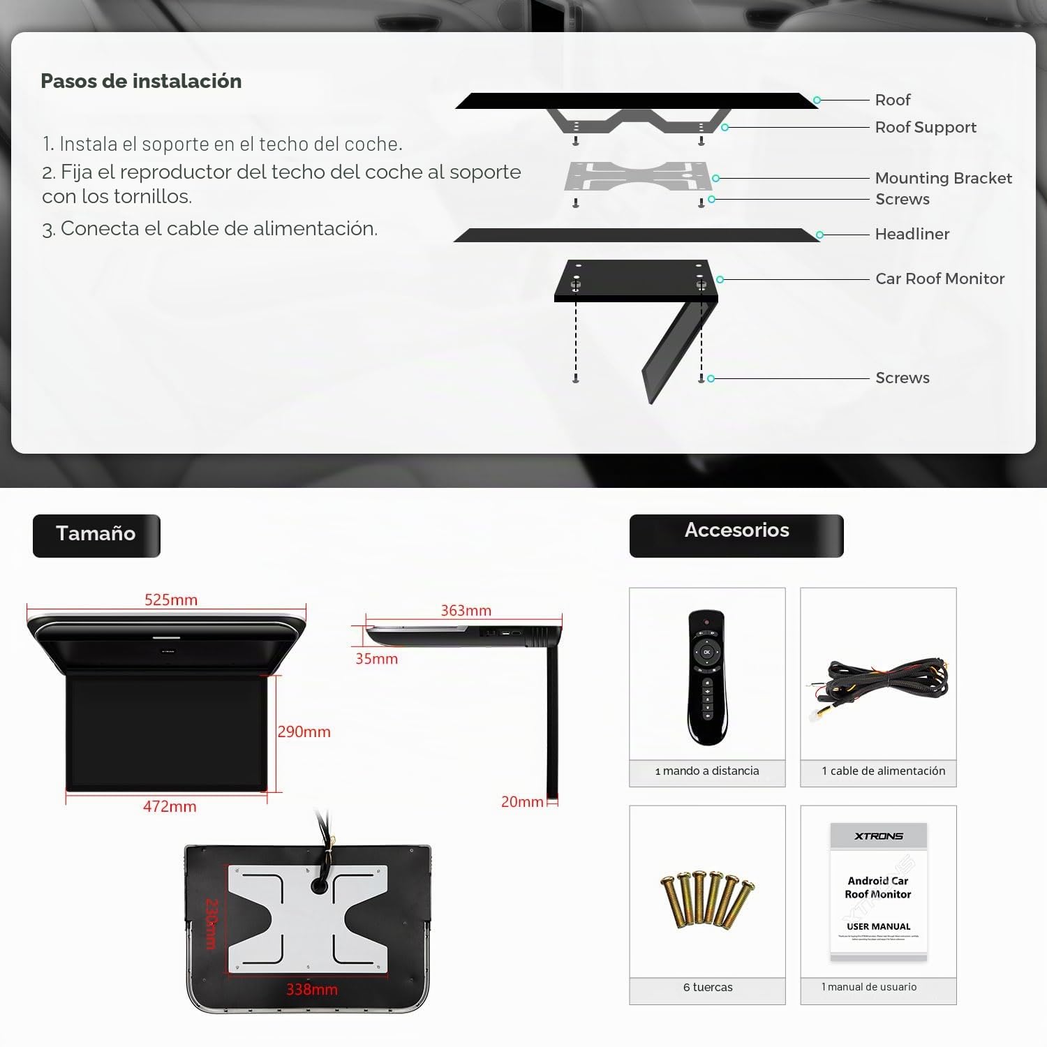 XTRONS Reproductor de techo Android 19.5 pulgadas, octa núcleo, monitor de montaje, pantalla IPS ancha, video 8K, altavoces estéreo, soporte para monitor