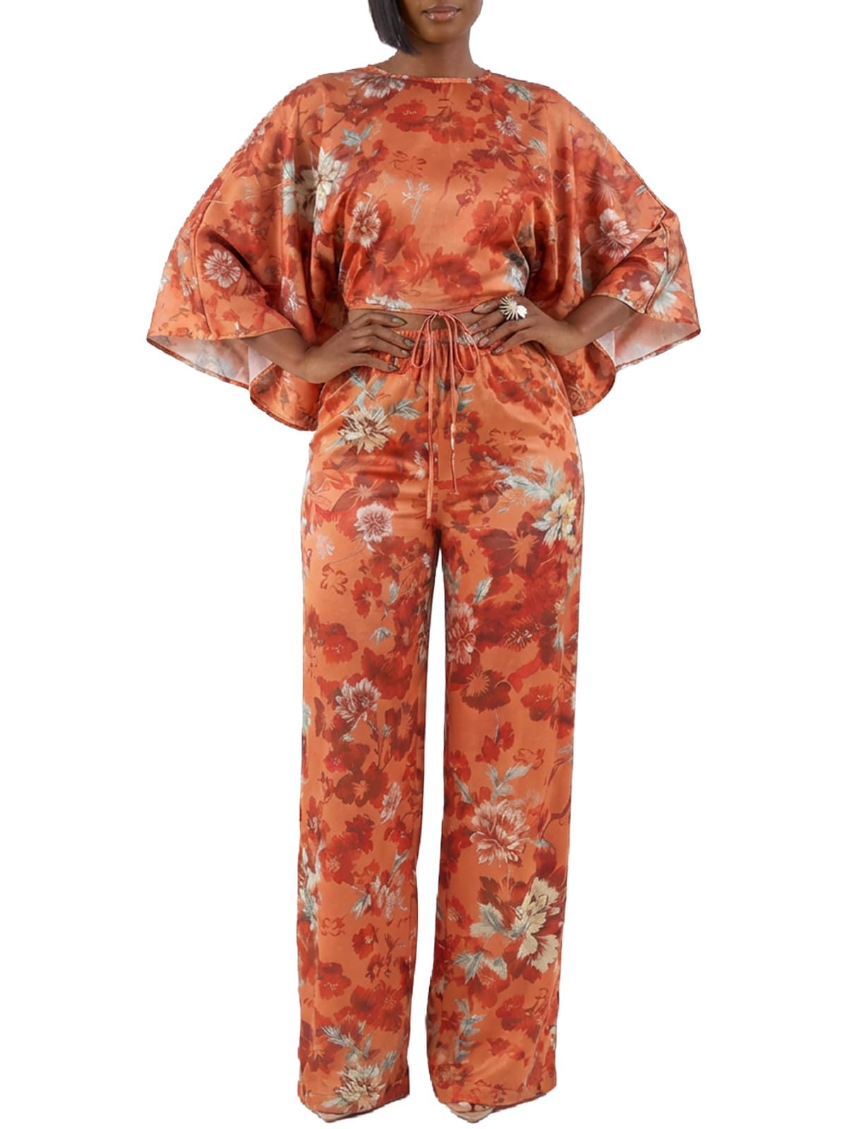 Womens 2 Piece Outfit Floral Print Batwing Sleeve Back V Neck Top with Loose Wide Leg Pants Set-image-2