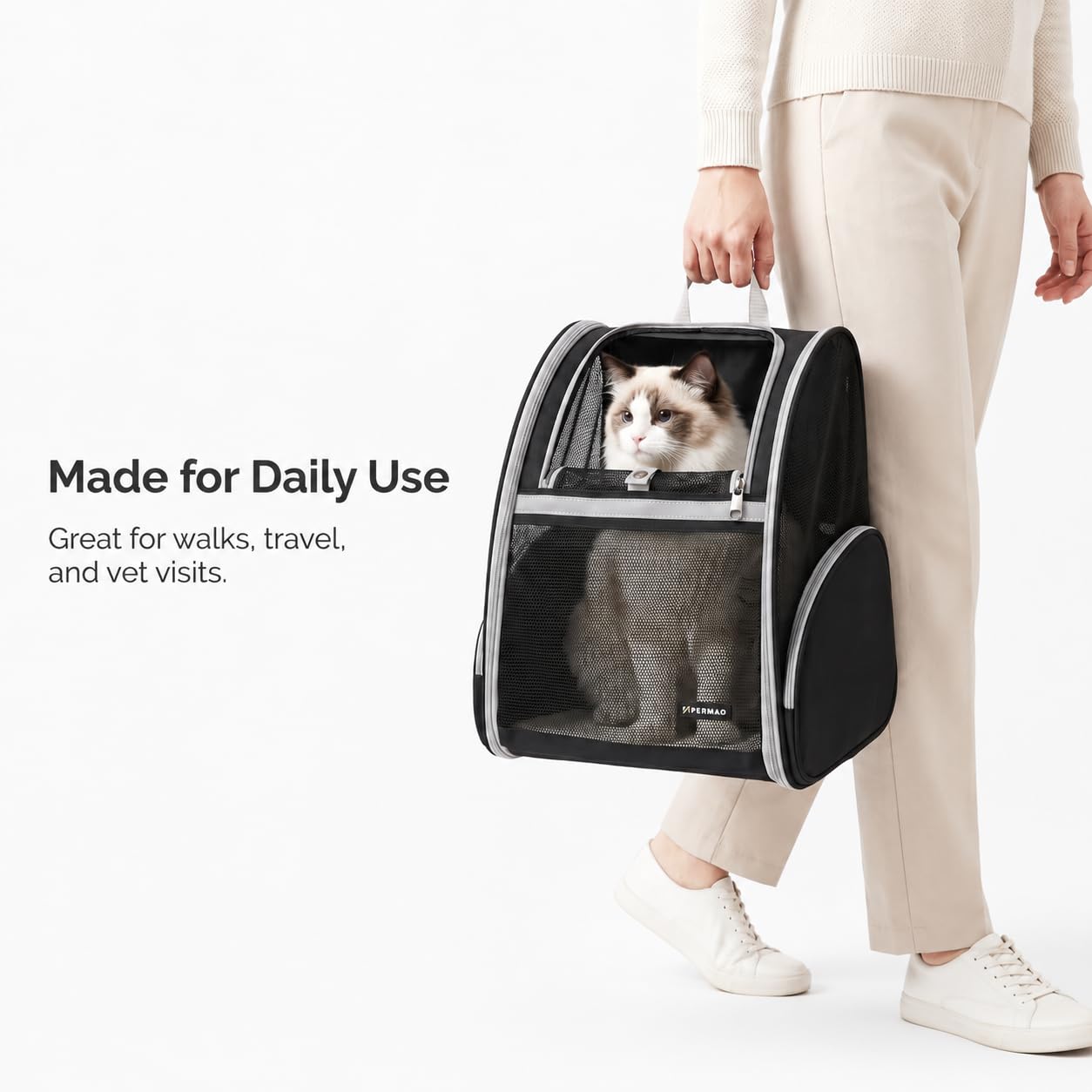 Sac à dos de transport pour chiens et chats, sac à dos portable pliable idéal pour la randonnée, le camping en plein air, le transport vétérinaire, peut contenir des animaux jusqu'à 6,8 kg (noir)
