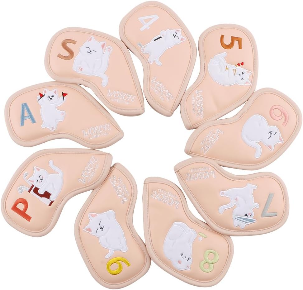 9Pcs Charming Macaron Colored Cat PU Leather Iron and Wedge Golf Club Head Covers | Set of 9 | Fits Most Clubs | Embroidered Adorable Cat on Club Head Cover Mixed-Color PU Protection