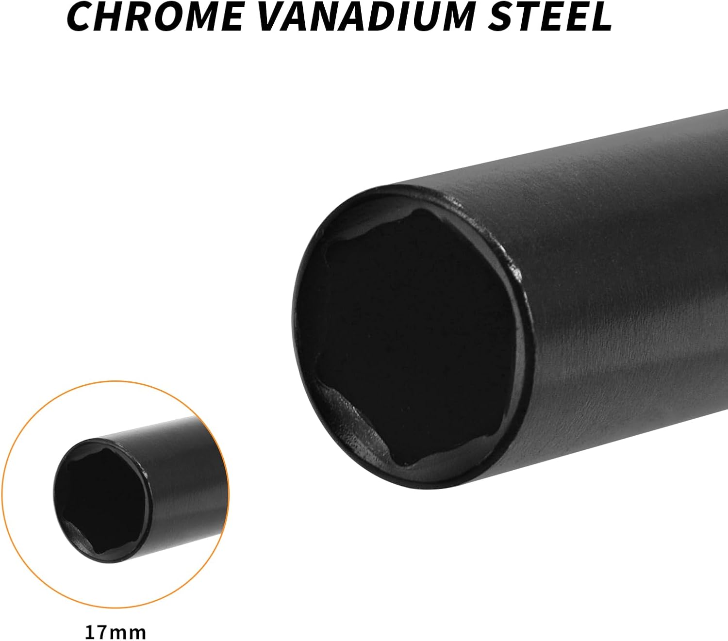 1/2" Drive by 17mm Deep Impact Socket, Heat-Treated CR-V Steel 8" Length, 6-Point Metric Sizes
