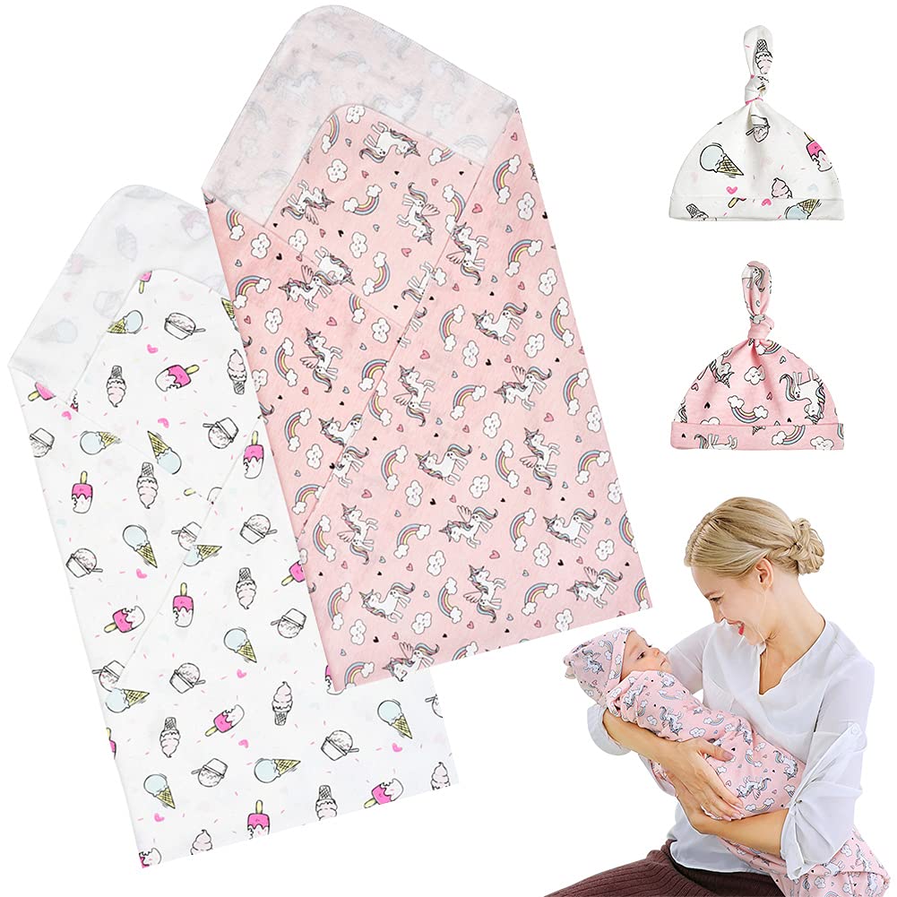 HINATAA 2 Pack Multifunction Baby Swaddle Wrap, Breathable Soft Premium Cotton Baby Swaddling Sack for Kids Aged 0-2 Months - 36.2 x36.2 in (Ice cream)
