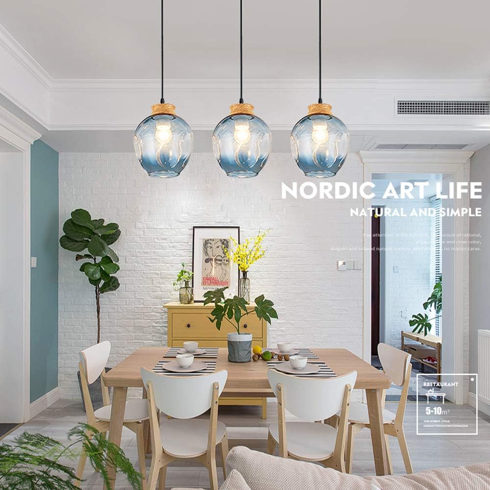 1-Light H-Type Track Pendant Light Ceiling Lamp Set for H-Type Track Nordic Blue Glass Lampshade Wood Socket Loft Style Light Fixtures Minimalist Retro Pendant Light Bulbs Not Included