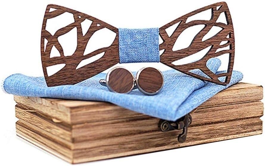 Corbata de moño de madera elegante para hombre con set en caja