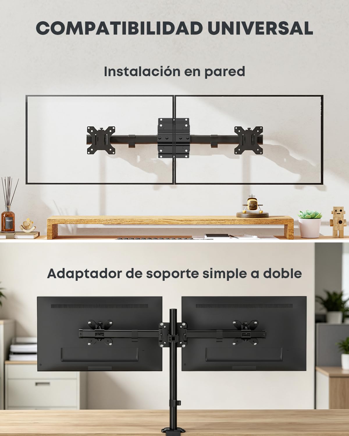 Soporte de Pared Doble para Pantallas 13-27 Pulgadas, Sencillo a Doble | Espacio de pared ultradelgado, montaje horizontal, alineación precisa, gestión de cables, 10 kg por brazo, VESA 75/100, Negro