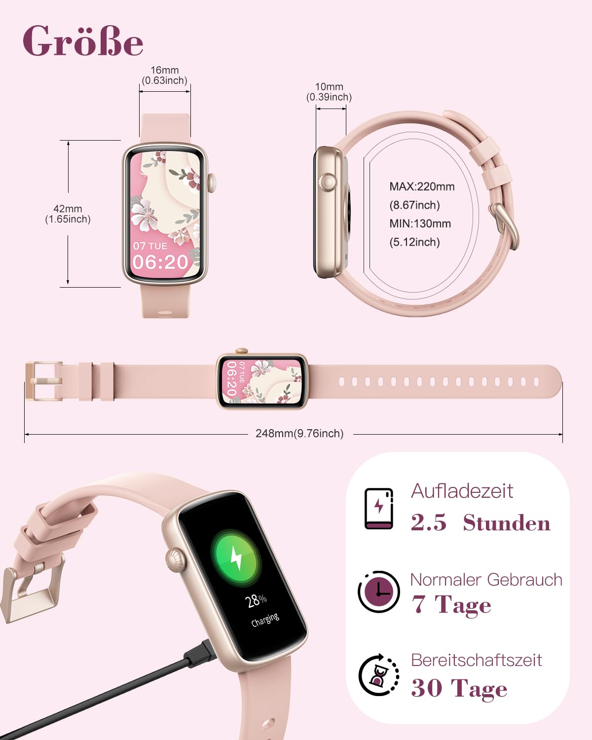 Smartwatch Damen 1.47'' Schmal Fitnessuhr mit Herzfrequenz SpO2 Schlafüberwachung Schrittzähler Kalorienzähler Menstruationszyklus Anruf Whatsapp Mitteilungen Fitness Tracker für Android iOS