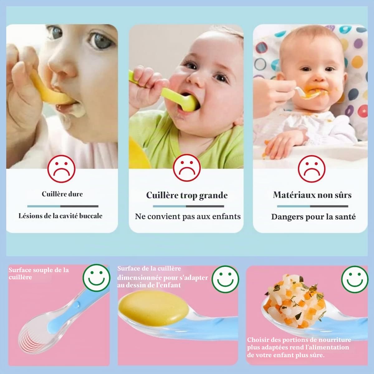 Cuillère Bébé Silicone Sans BPA 4 Pièces avec Boîte de Rangement