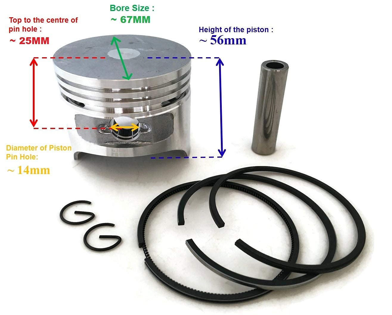 ITACO Piston Kit w Ring Set, Pin & Clip Assy 227-23401-03 Parti di Cilindro per Robin EY20 EH18 5HP 67mm 4-Stroke Motore di Pompa dell'Acqua