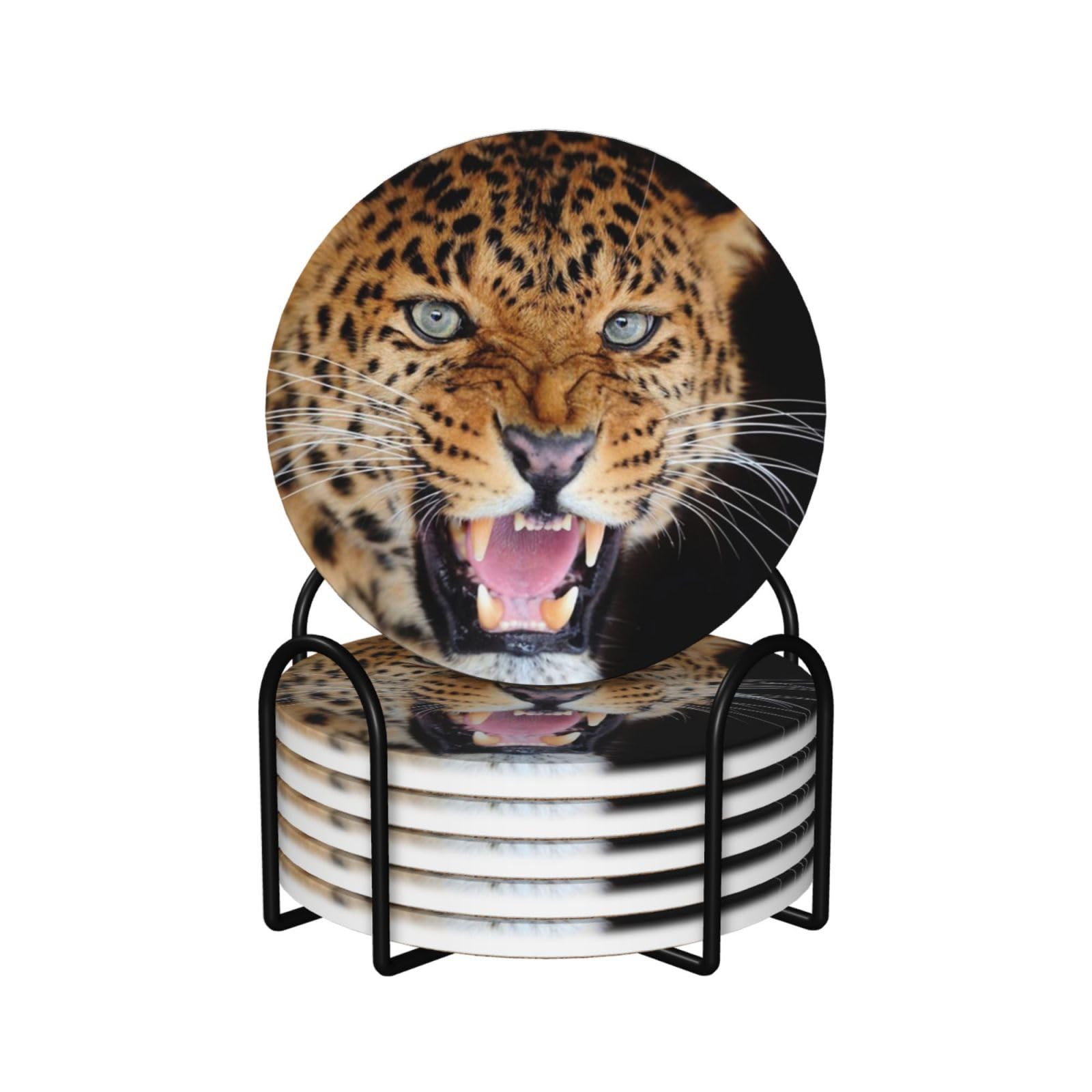 Dessous de verre céramique léopard absorbant lot de 6 avec support noir