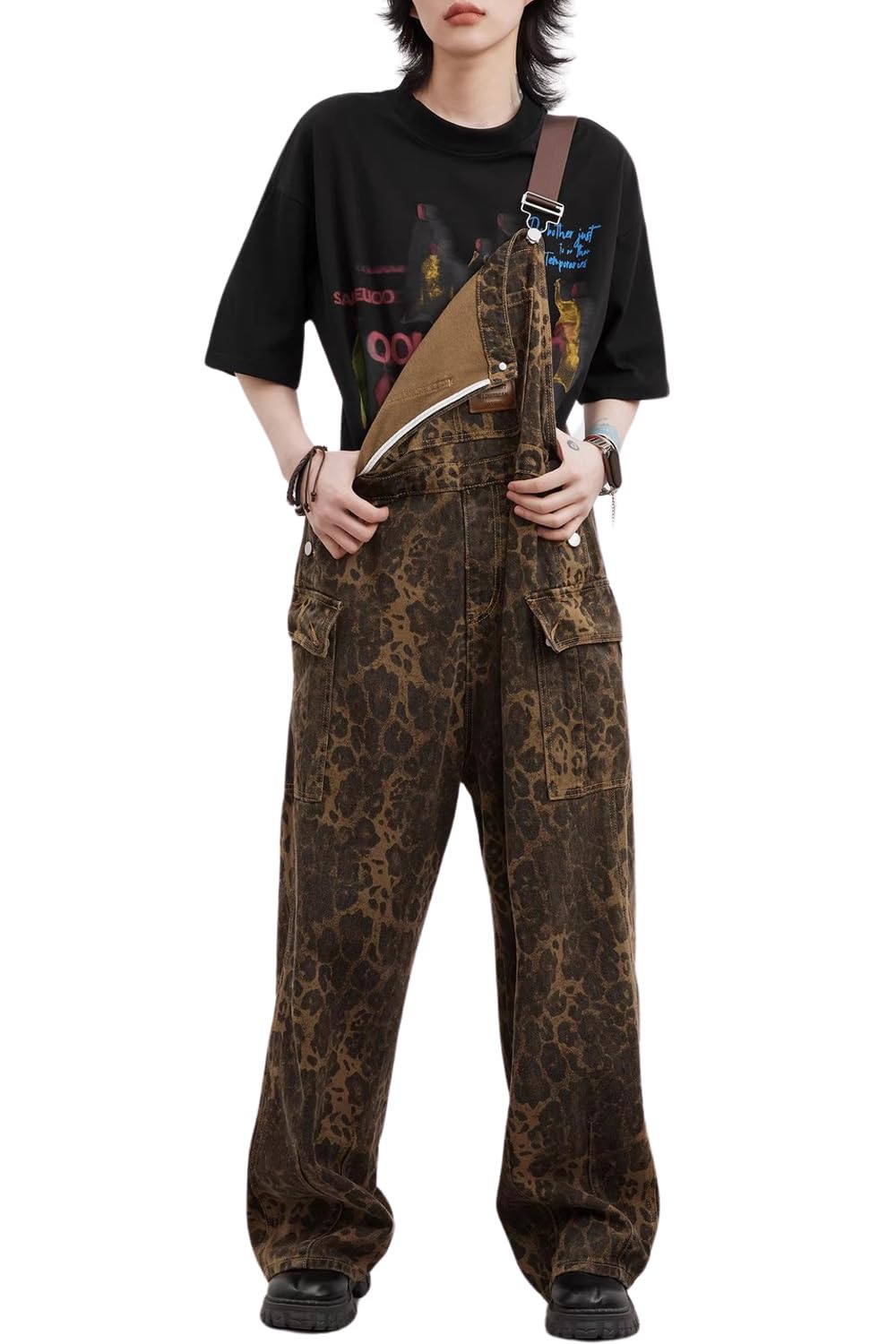 yoeasy Womens Leopard Print Denim Overalls Straight Wide Leg Bib Baggy Jeans Adjustable Strap Denim Romper Y2K Pants