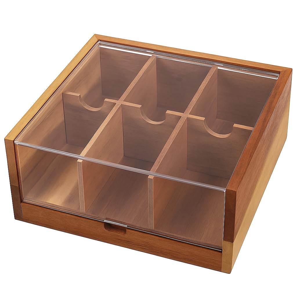 Acacia Wood Tea Bag Storage, 6 Compartments, Wooden Tea Box, Tea Organizer with Acrylic Transparent Hinge