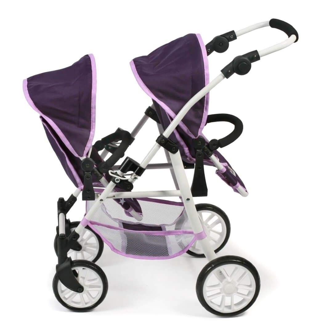 Tandembuggy Twinny - Passeggino gemellare per due bambole, passeggino per bambini dai 4 agli 8 anni, motivo: stelle viola