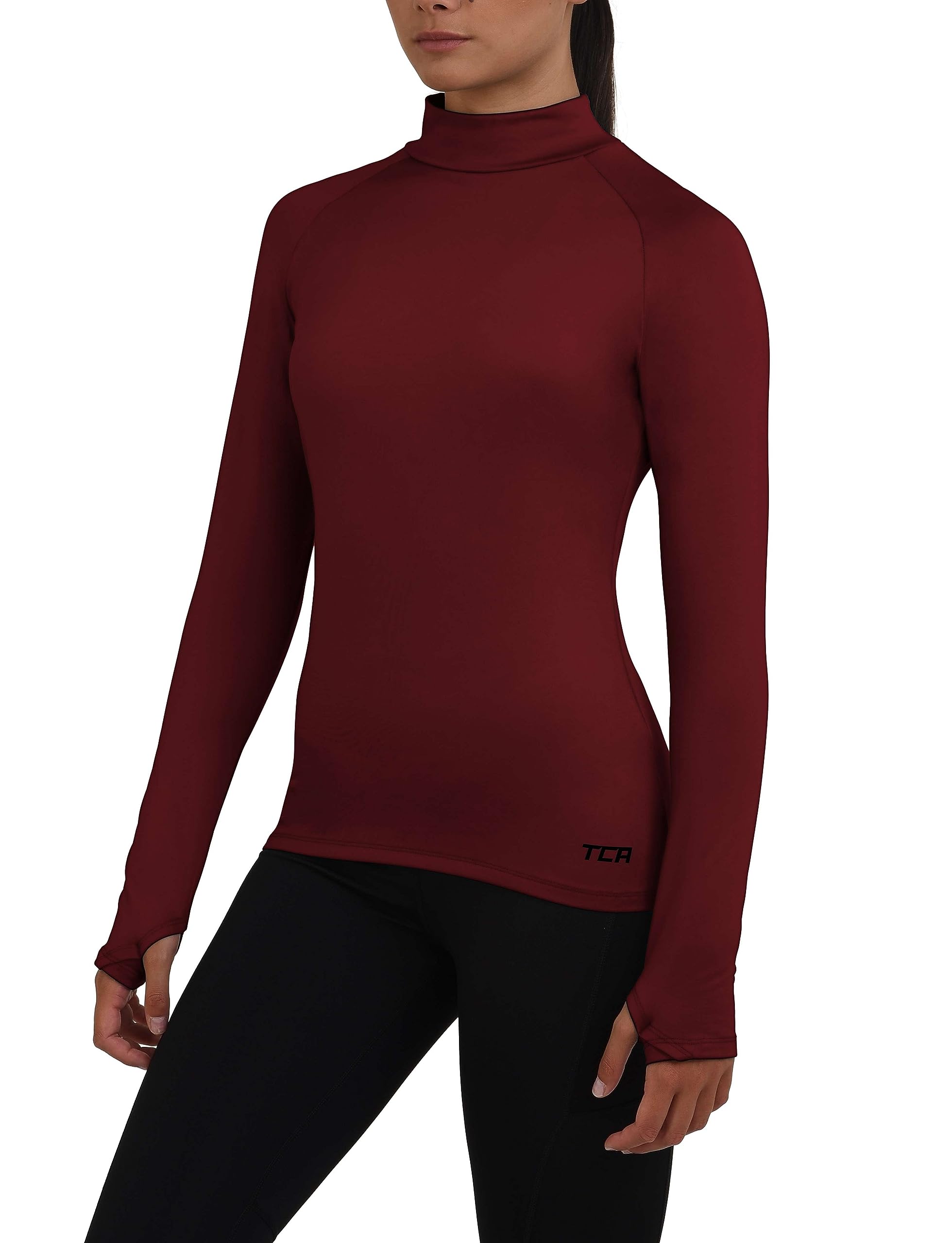 TCA Women's SuperThermal Long Sleeve Performance Base Layer Running Training Workout Top - Mock Neck - with Thumbholes - Cabernet, M