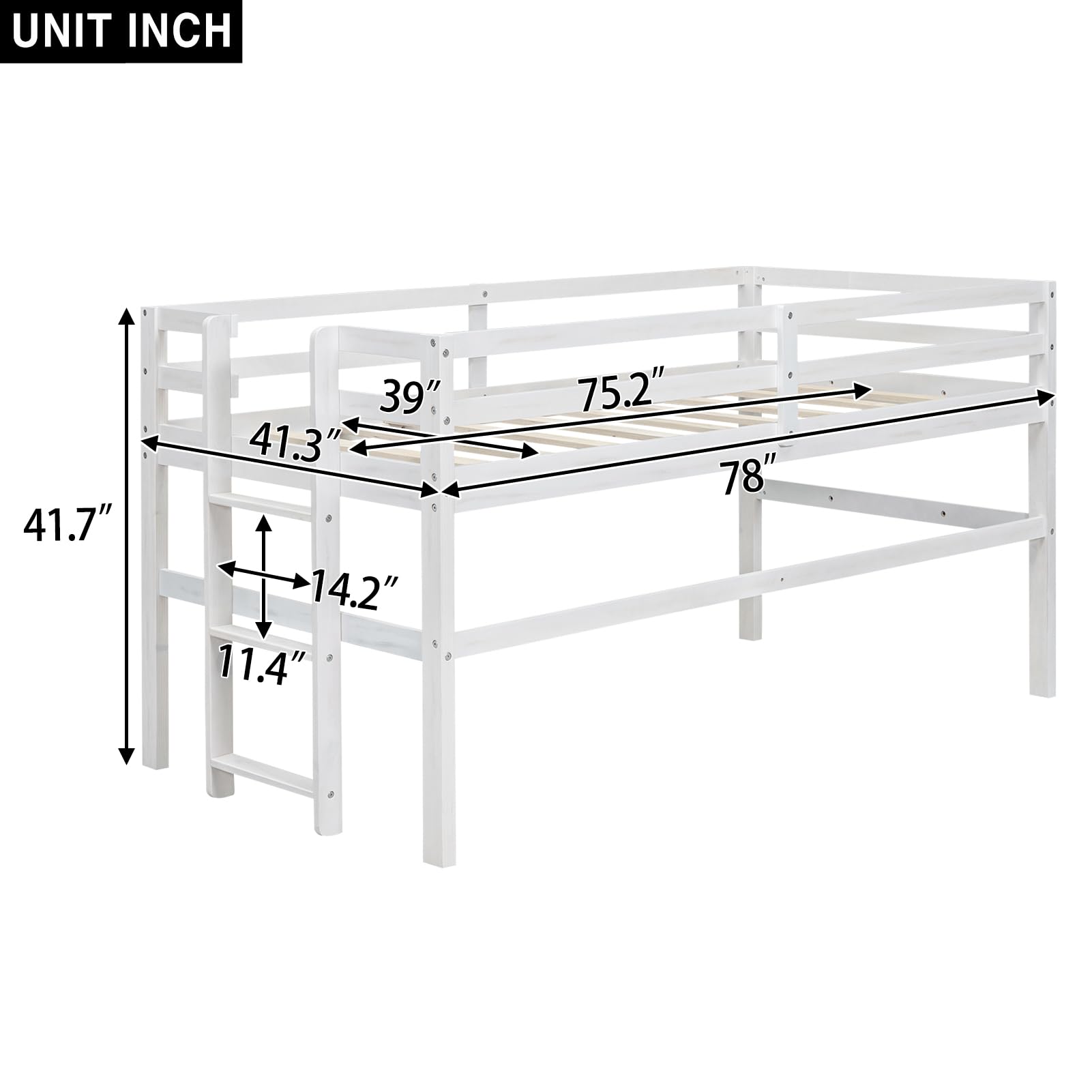 Twin Size Low Loft Bed, Wood Loft Bed with Side Ladder and Safety Guardrails, Twin Loft Bed Frame for Girls, Boys, Kids, Teens, White.