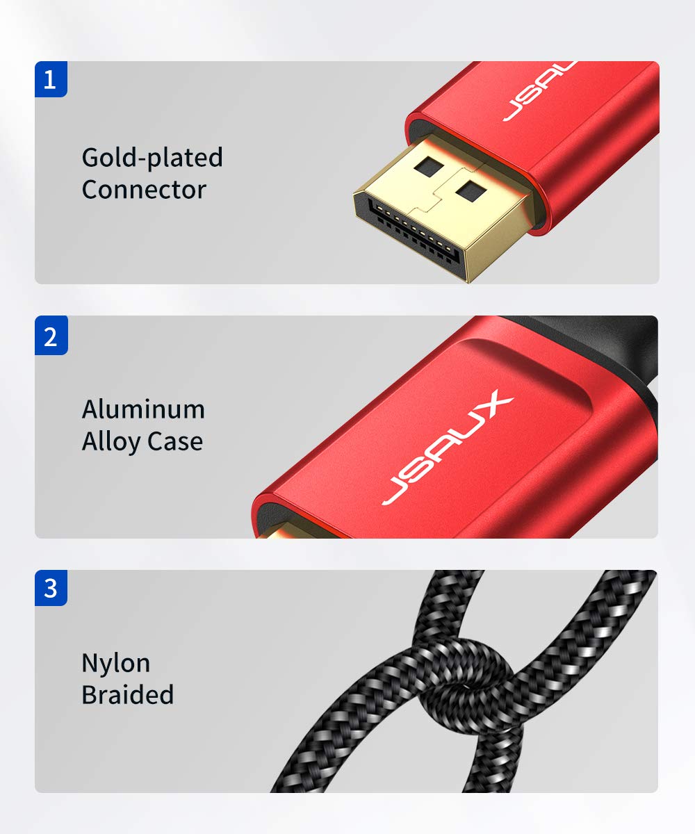 JSAUX DisplayPort Cable 10ft, Display Port Cable to DisplayPort for Monitor 144Hz, DP Cable 4K@60Hz/ 2K@144Hz Gold-Plated Compatible for Lenovo, Dell, HP, ASUS and More-Red