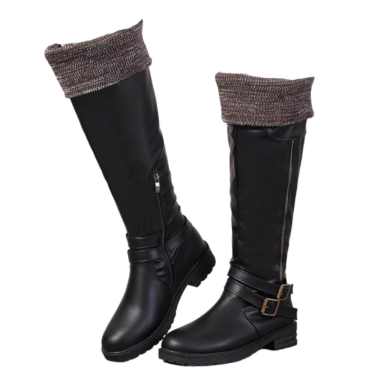 Womens Low Heel Knee High Boots Winter Fashion Buckle Wide Calf Combat Riding Snow Booties Side Zipper Mid