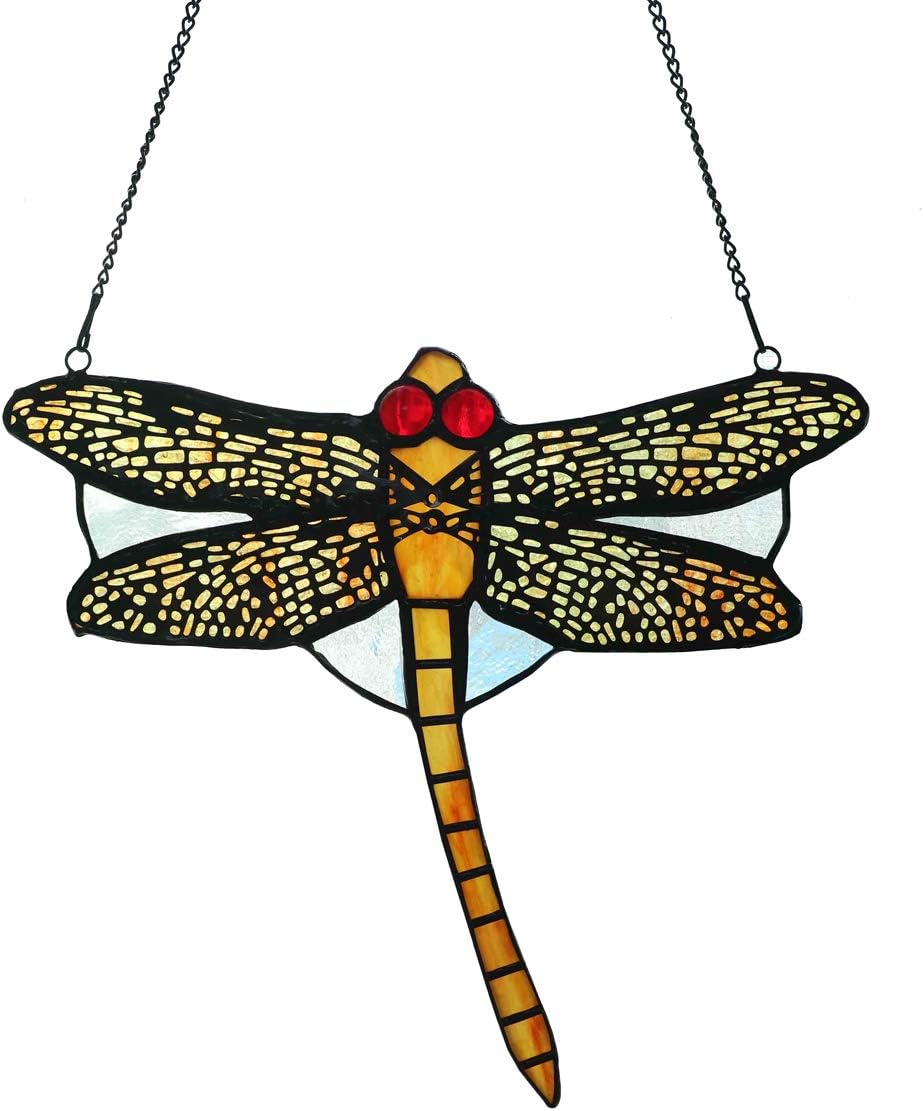 Tokira Stained Glass Holiday Decor Suncatcher With Tiffany Style Dragonfly Ornament Window Panel, 8 1/2" x 7 1/2"