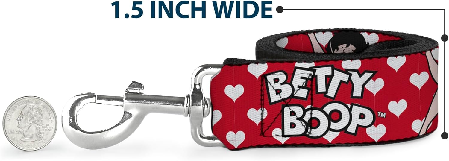 Fleischer Studios, Inc. Pet Leash, Dog Leash, Betty Boop Seated Leg Kick Pose Text Hearts Red White Black, 6 Feet Long 1.5 Inch Wide